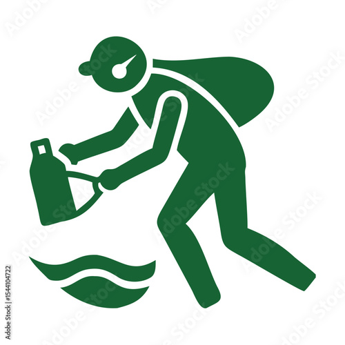 Green Silhouette Person Picking Up Bottle Pollution From Water Environmental Cleanup Icon