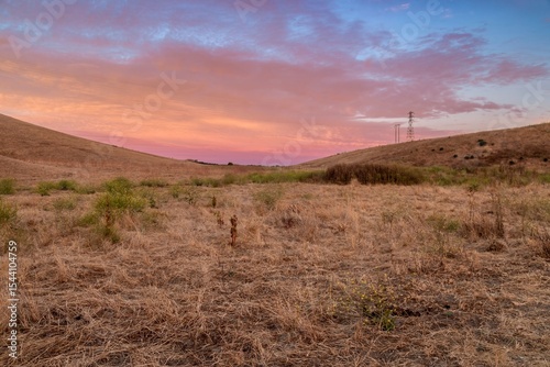 Dry grassy field in San Juan Bautista, California, USA, at sunset. The sky is pink and blue, and there are rolling hills in the background. Power lines are on the horizon.