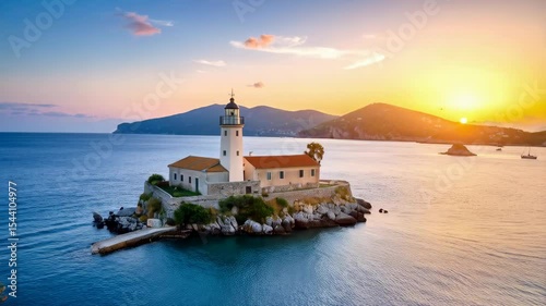 Wallpaper Mural Scenic sunset over coastal lighthouse on rocky island. Ocean and rolling hills in background. Warm sunny light casts soft glow on the landscape. Torontodigital.ca