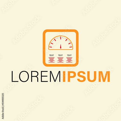 Orange gauge logo with text and scale isolated on white background
