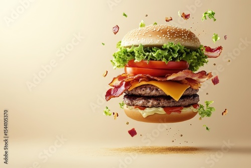 A large, gourmet hamburger in mid-air, with its ingredients exploding outwards.