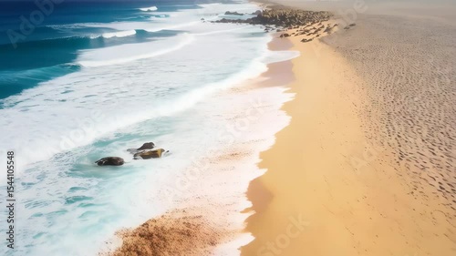 Ocean waves rolling onto sandy beach with rocky headland viewed from above on a sunny day in nature