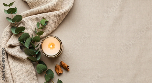 Photos Minimal Boho Flat Lay with Candle, Eucalyptus and Beige Linen – Soft Neutral Aes