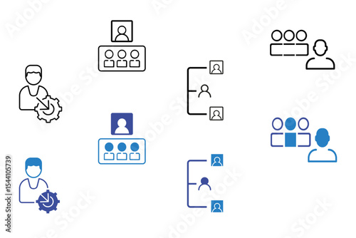 Leadership flat and line icon set. Business management, leader, cooperation, vision, guidance, mentorship, coaching, influence, delegation icons. Editable vector illustration
