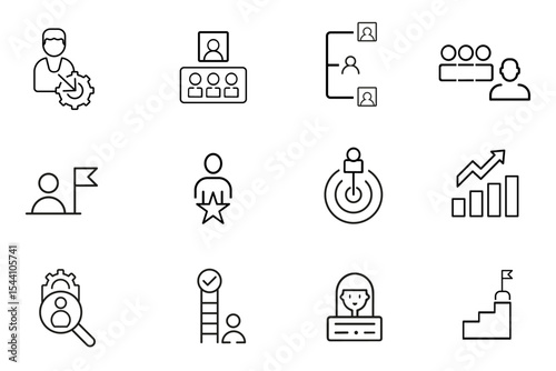 Leadership line stroke icon set. Business management, leader, cooperation, vision, guidance, mentorship, coaching, influence, delegation icons. Editable vector illustration