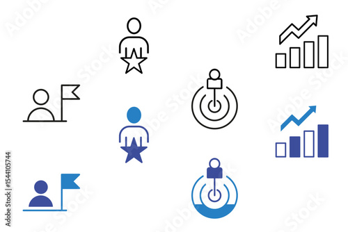 Leadership flat and line icon set. Business management, leader, cooperation, vision, guidance, mentorship, coaching, influence, delegation icons. Editable vector illustration