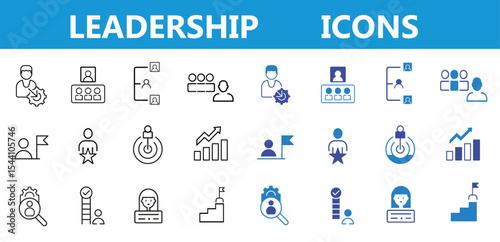 Leadership flat and line icon set. Business management, leader, cooperation, vision, guidance, mentorship, coaching, influence, delegation icons. Editable vector illustration