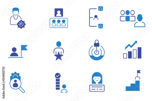 Leadership solid flat icon set. Business management, leader, cooperation, vision, guidance, mentorship, coaching, influence, delegation icons. Editable vector illustration