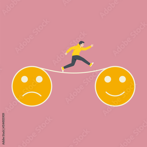 Professional illustration of moving from sadness to happiness with a positive and courageous step