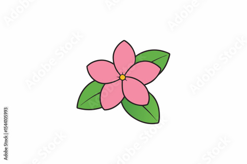 Pink frangipani flower vector illustration, isolated blossom with green leaves for spring floral design or wedding invitation card