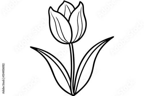 Black and white vector illustration of a single tulip flower, isolated blossom for spring nature beauty