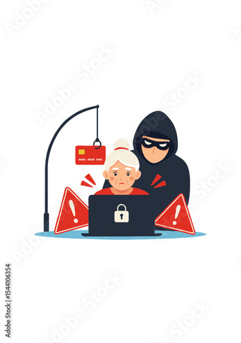 Phishing Scam Illustration of Hacker Stealing Credit Card Data from Sad Elderly Woman Using Laptop Representing Online Fraud and Cybersecurity Risk