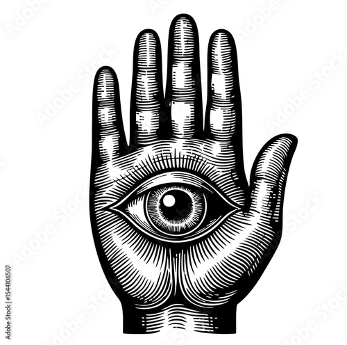 Mystic Hand with Eye in Vintage Engraving Style