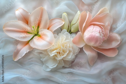 Delicate pastel flowers arranged on sheer fabric.