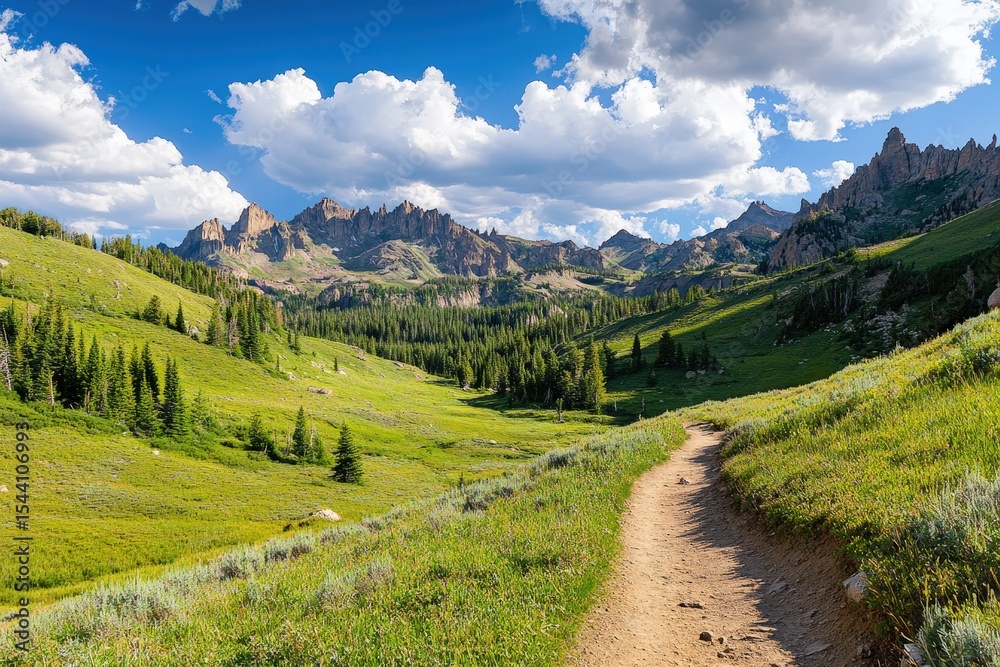Fototapeta premium A scenic mountain valley trail winds through verdant meadows.