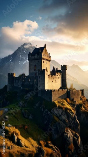Majestic castle perched atop a rocky hill with mountainous backdrop bathed in golden sunlight, conveying history and landscape
