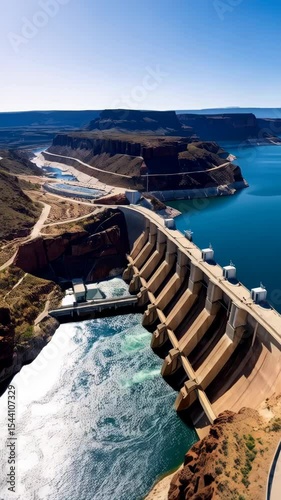 Aerial view of a concrete gravity dam with hydroelectric power plant cascading water through a canyon landscape on a bright sunny day