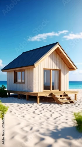 Coastal vacation getaway featuring a modern bungalow on white sand beach against blue sky, showcasing paradise living with turquoise water.