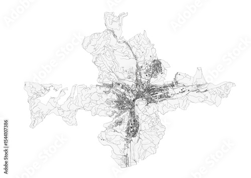 Banská Bystrica black and white map showcasing highways and buildings. Clean vector design, focused on road networks and city structures for monochrome visualization or print.