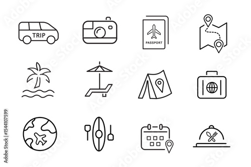 Travel line stroke icon set. Holiday, tourism, Summer vacation, airplane, trip, beach, passport, luggage, camping, hotel, icons. Editable vector illustration