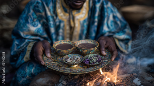 Prompt: Ethiopian coffee ceremony, traditional setting, ornate cups and incense, cultural moment Ethiopia, tradition, ceremony, cups, incense, culture, ritual, coffee heritage, col