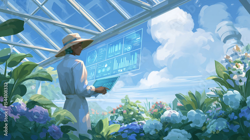 Coffee farmer in smart greenhouse, surrounded by robotic arms, AI analytics dashboard on floating screen, sunny day, stylized realism.