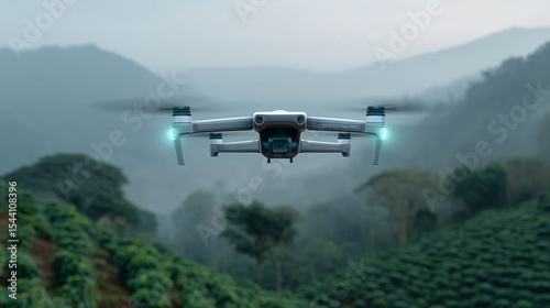 Wallpaper Mural Drone hovering over real coffee farm collecting crop data, cloudy sky, muted tones, realistic texture and lighting. Torontodigital.ca