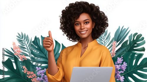 Brazilian educator woman colorful space standing laptop energetic gesture warm vibe online school digital.