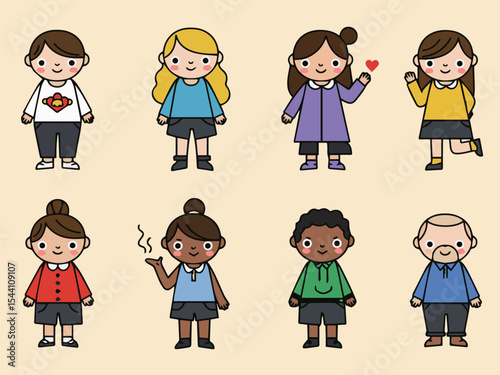 Diverse Cartoon Characters Set: A cheerful collection of diverse cartoon characters, showcasing various ages, genders, and ethnicities.