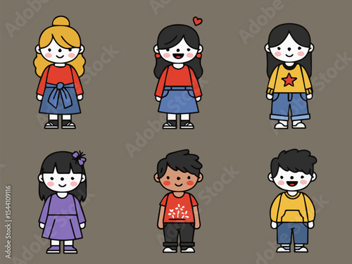 Cute Cartoon Character Set: A collection of endearing, illustrated cartoon characters, each with a unique style and attire, ready for various creative projects.