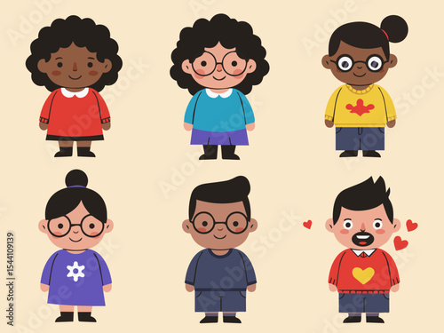 Diverse Children Set: A set of six cheerful and diverse children, each with unique features and styles, are depicted in a charming and simple vector style.