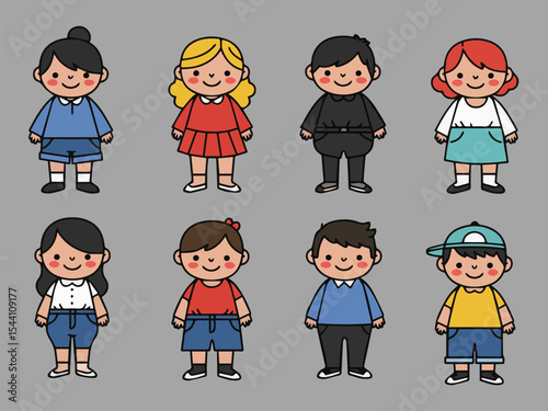 Playful Portraits: A charming group of kids, each with unique outfits and hairstyles, stand in an organized arrangement, radiating joy and innocent smiles, creating a cheerful, heartwarming scene.