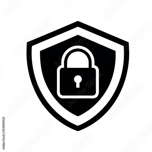 Minimal silhouette icon of a shield with a padlock inside. Ideal for security apps, data protection, privacy tools, cyber defense, antivirus software, and secure access interfaces.
