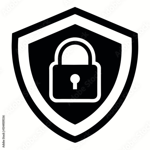 Minimal silhouette icon of a shield with a padlock inside. Ideal for security apps, data protection, privacy tools, cyber defense, antivirus software, and secure access interfaces.