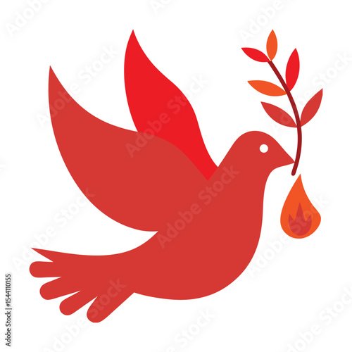 Red Dove Carrying Olive Branch and Flame Pentecost Symbol Christian Religious Icon Graphic Design
