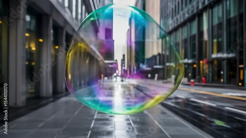 Wallpaper Mural A large, colorful, iridescent soap bubble floats in the middle of a modern city street, reflecting the urban landscape Torontodigital.ca