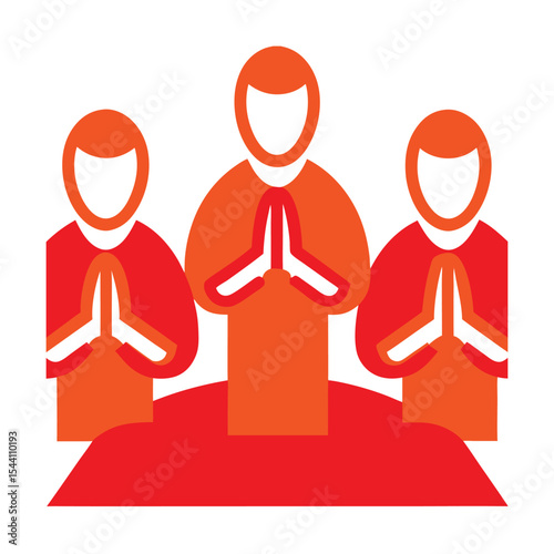 Three stylized figures in red and orange praying together on a red hill Pentecost religious icon