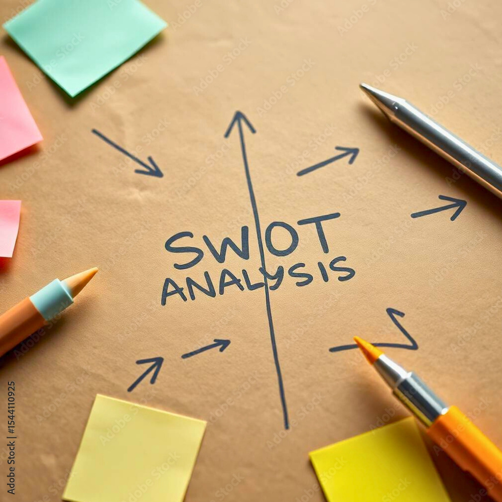 Fototapeta premium SWOT Analysis Diagram on Paper with Pens and Sticky Notes