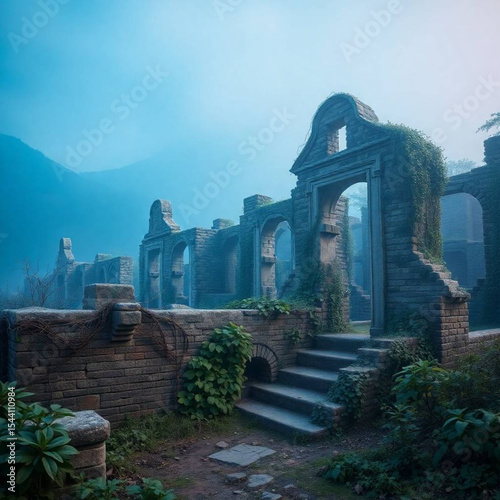 Blue-Toned Ancient Stone Ruins with Mountain Background