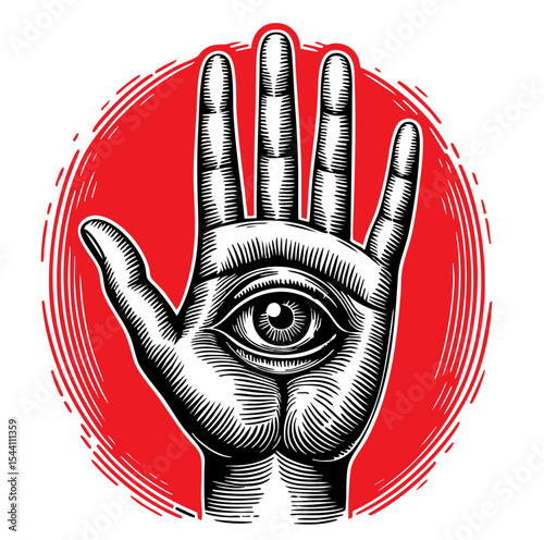 Hand with Eye in Vintage Engraving Style

