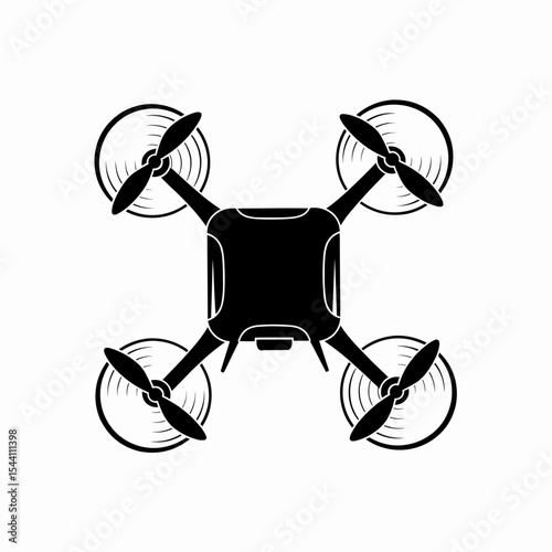 This high-quality vector graphic features a solid black minimalist quadcopter drone icon from a top view, with a square body, four arms, and propellers, all with fine details.