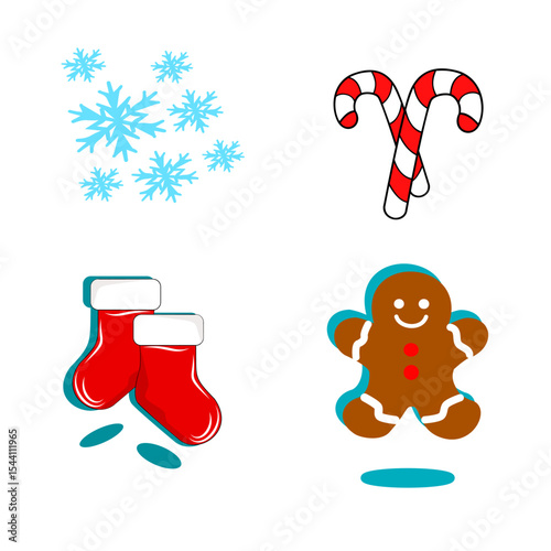 Cheerful Christmas icon collection: sweet candy canes, warm gloves, and adorable gingerbread men. Perfect for greeting cards, web design, and holiday projects. 
