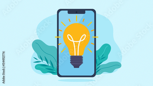 Illustartion of a light bulb on a mobile phone screen.  Idea, inspiration, work, study. Illuminated light bulb. 