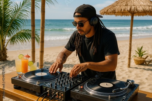 Beach party DJ setup with professional mixing console and tropical cocktails creating summer celebration atmosphere