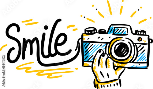 Black and White Sketch Camera Hand Smile Yellow illustration