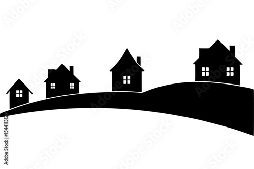 Black Silhouette Graphic Four Houses Hilltop Row vector