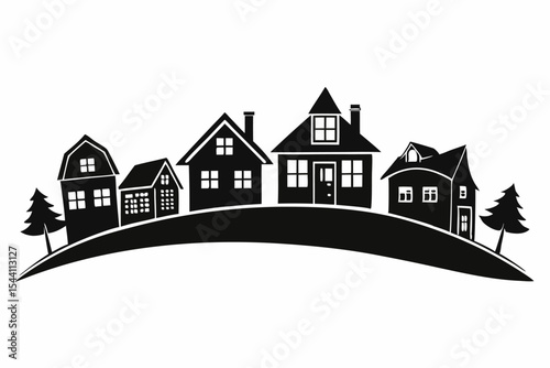 Black Silhouette Graphic Four Houses Hillside Trees