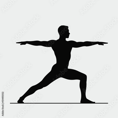 Man in warrior ii yoga pose silhouette isolated on white background