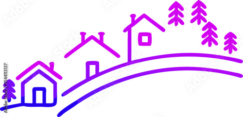 Purple Gradient Silhouette Graphic Four Houses Hilltop Trees
