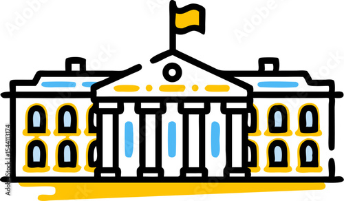 White Building Silhouette Yellow Gold Accents Blue Windows Flag